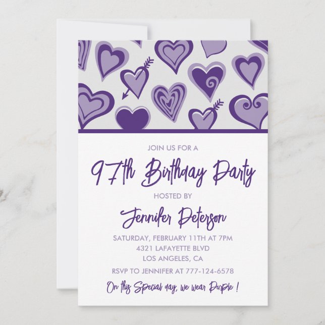 Purple Hearts Girly 97th birthday Invitation (Front)
