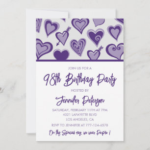 Purple Hearts Girly 98th birthday Invitation