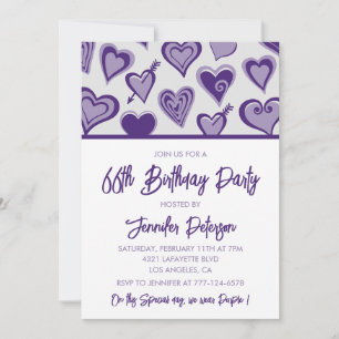 Purple Hearts  Night Out Girly 66th birthday Invitation