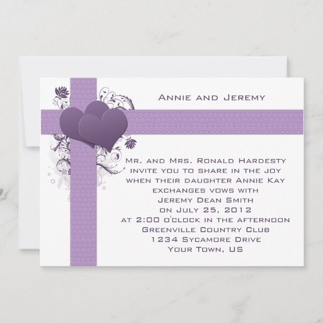 Purple Hearts on Damask Stripes Wedding Invitation (Front)