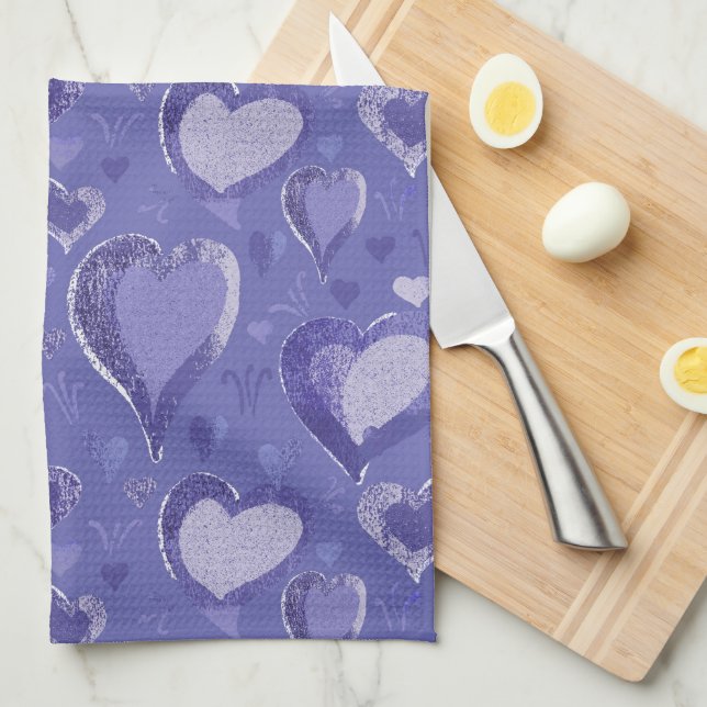 Purple Hearts Pattern Drawing Tea Towel (Quarter Fold)