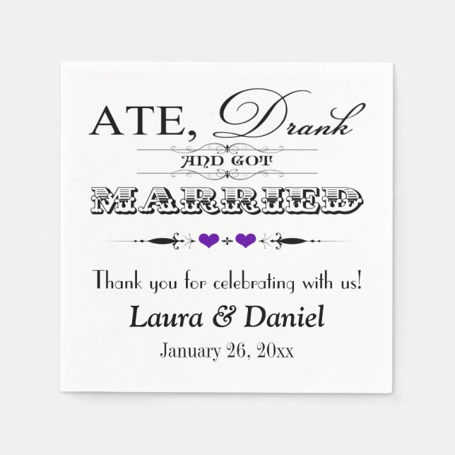 Purple Hearts, Scrolls Wedding Napkins (Front)