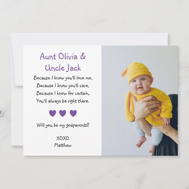 Purple Hearts Will You Be My Godparents with Photo Invitation (Front)