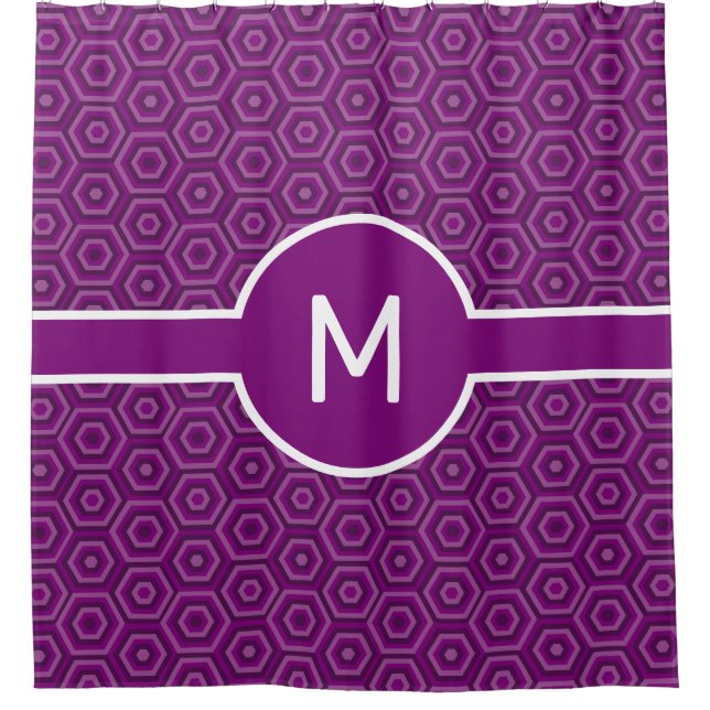 Purple Hexagons with Central Monogram Geometric Shower Curtain (Front)