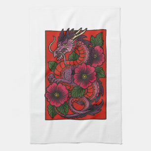 Purple Hibiscus Chinese Dragon Tea Towel