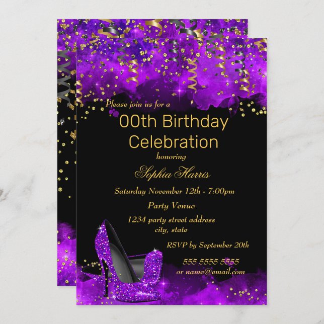 Purple High Heel Gold Black glitter Birthday party Invitation (Front/Back)