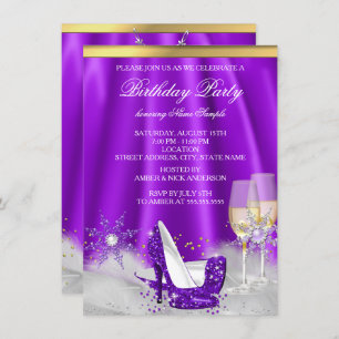 Purple High Heel Gold Champagne Snowflakes Party Invitation