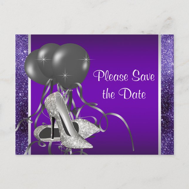 Purple High Heel Shoe Save The Date Announcement Postcard (Front)