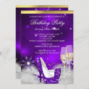 Purple High Heel Shoes Silver Gold Champagne Party Invitation