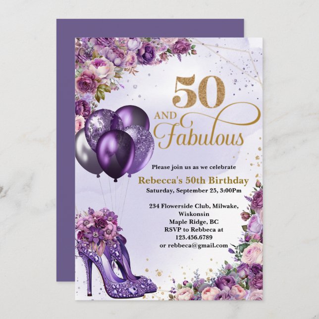 Purple High Heels 50th Birthday Invitation (Front/Back)