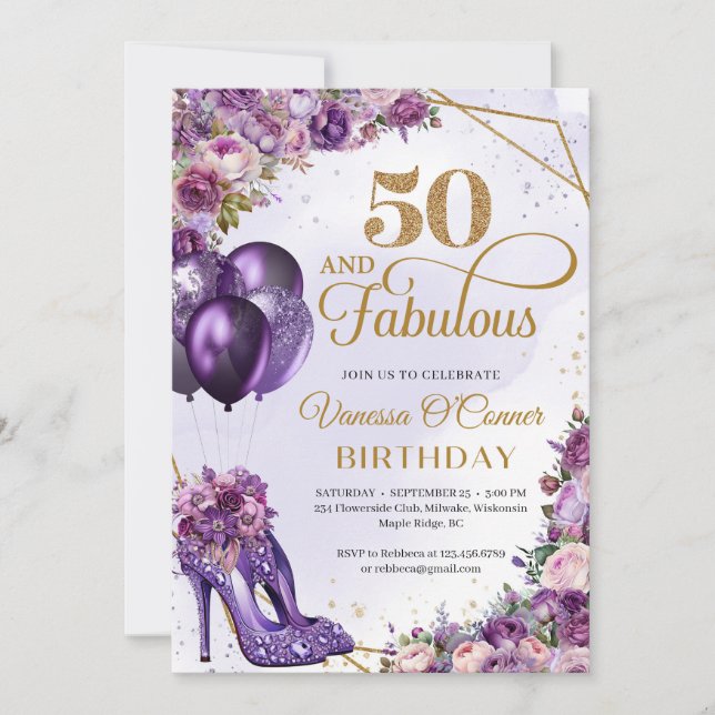 Purple high heels and Pink flowers and balloons Invitation (Front)