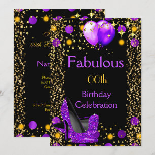 Purple High Heels Gold Balloons Birthday Party Invitation