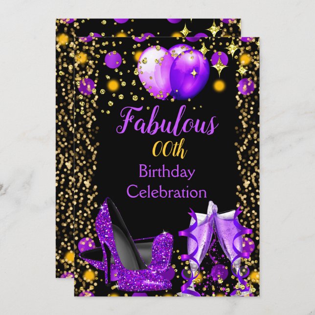 Purple High Heels Gold Balloons Champagne Party Invitation (Front/Back)