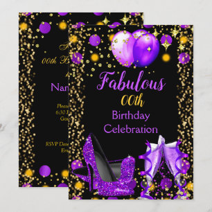 Purple High Heels Gold Balloons Champagne Party Invitation