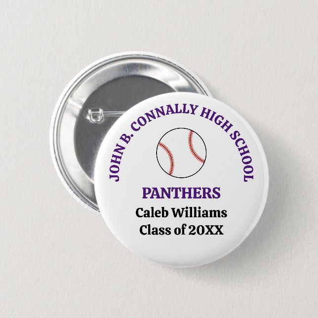 Purple High School Baseball Player Personalised 6 Cm Round Badge (Front & Back)
