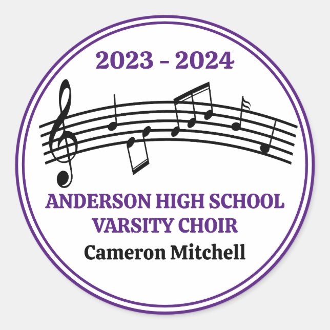 Purple High School Choir Custom Party Classic Round Sticker (Front)