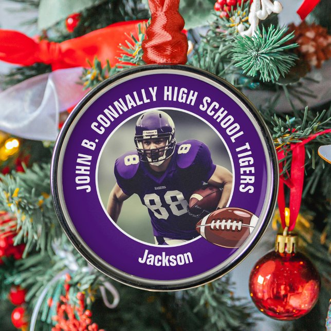 Purple High School Football Player Photo Christmas Metal Ornament (Creator Uploaded)