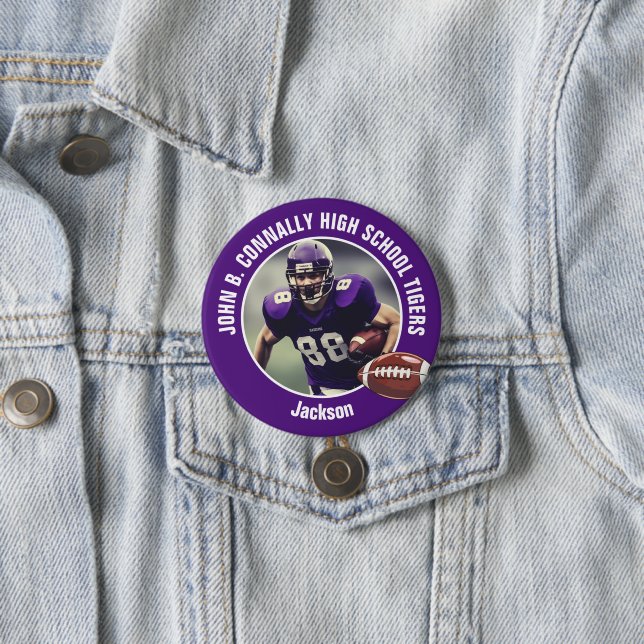 Purple High School Football Player Photo Large 7.5 Cm Round Badge (In Situ)