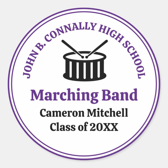 Purple High School Marching Band Custom Party Classic Round Sticker (Front)