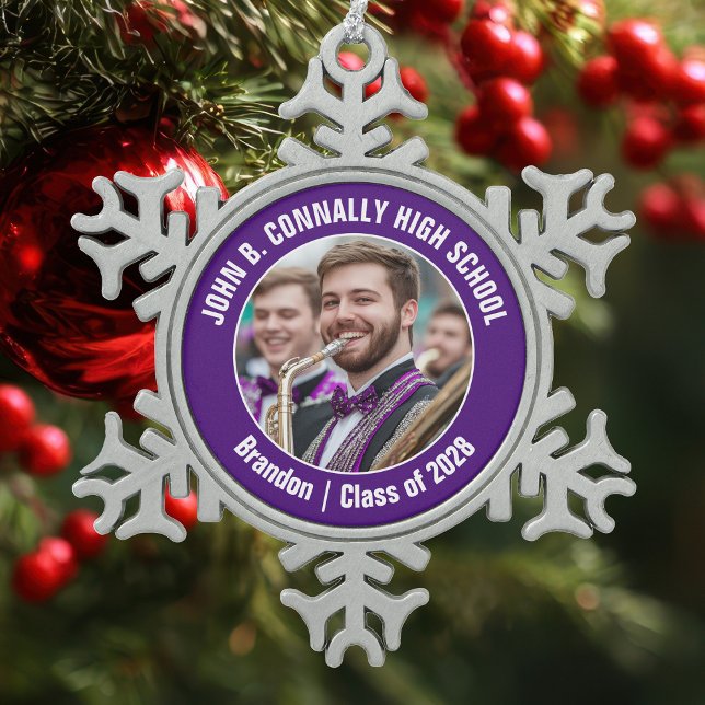 Purple High School Marching Band Photo Gift Snowflake Pewter Christmas Ornament (Creator Uploaded)