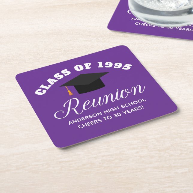 Purple High School Reunion Personalised Party Square Paper Coaster (Angled)