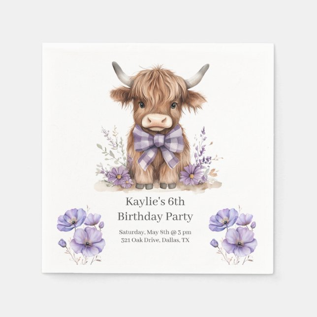 Purple Highland Cow Birthday Party Napkin (Front)