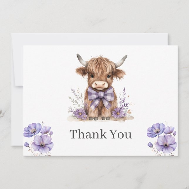 Purple Highland Cow Flat Thank You Card (Front)