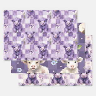 Purple Highland Cow Floral Checkered Wrapping Paper Sheet