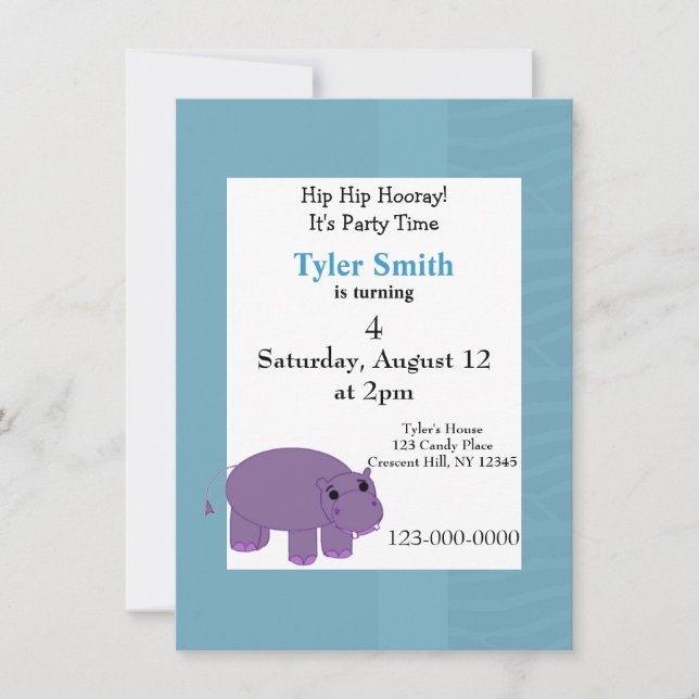 Purple Hippo Party Invitation (Front)