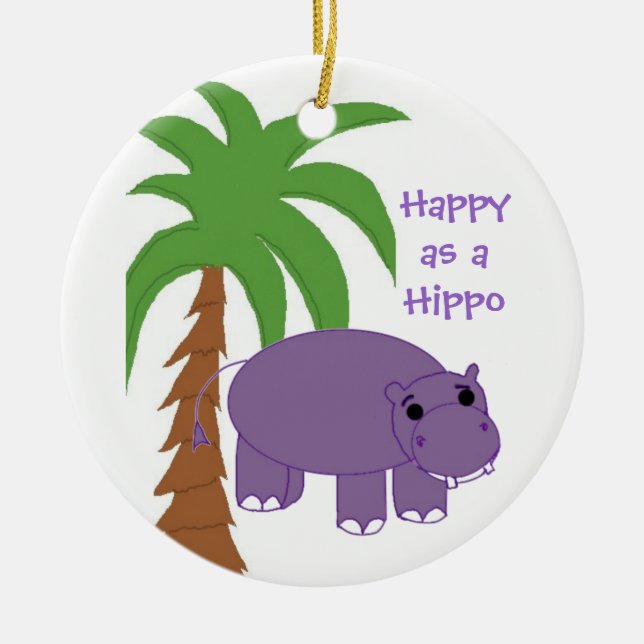 Purple Hippopotamus with a Palm Tree Ceramic Ornament (Front)
