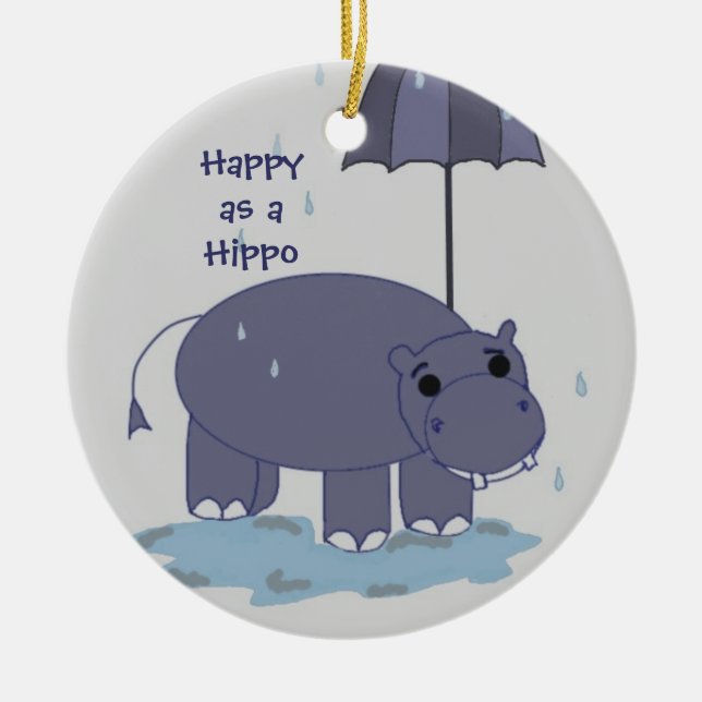 Purple Hippopotamus with Umbrella Ceramic Ornament (Front)