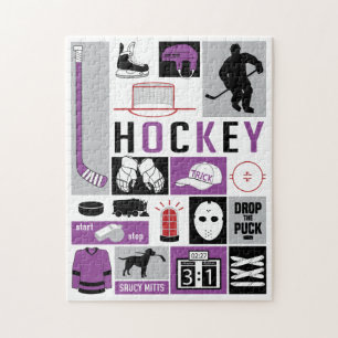 Purple Hockey Elements Stick Puck Player Jigsaw Puzzle