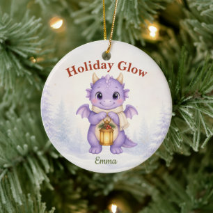 Purple Holiday Glow Personalised Christmas Dragon Ceramic Ornament