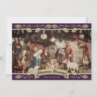 Purple Holly Nativity Scene Christian Christmas Holiday Card