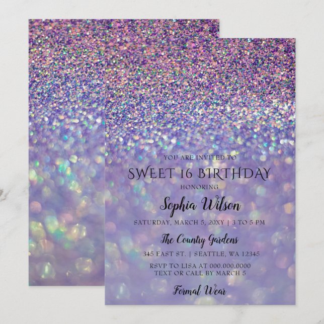 Purple Hologram Glitter Sweet 16 birthday  Invitation (Front/Back)