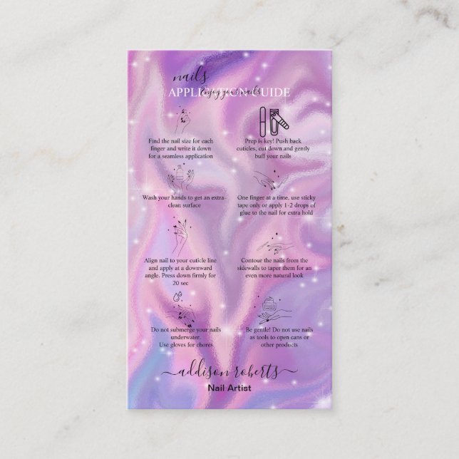 Purple Holographic  Nails Application Guide Business Card (Front)