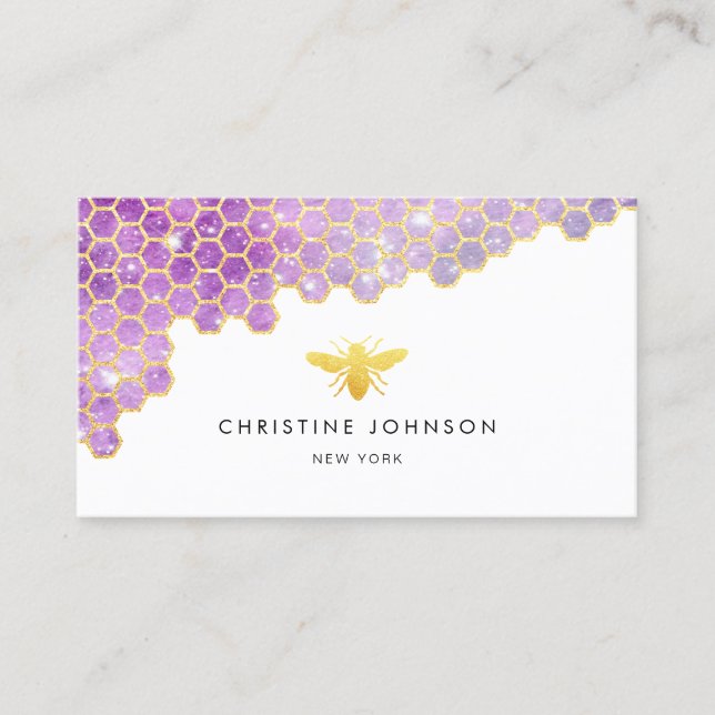 purple honeycomb and faux glitter bee business card (Front)