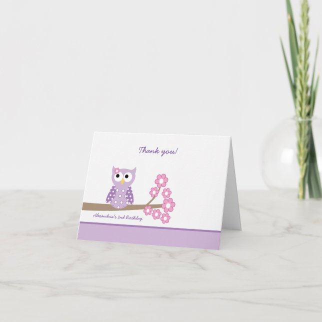 Purple Hoot Owl Girl Birthday Thank you Purple (Front)