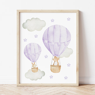 Purple Hot Air Balloon, Animals, Bear, Bunny Poster