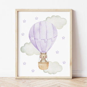 Purple Hot Air Balloon, Animals, Bear, Stars Poster