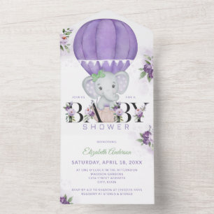 Purple Hot Air Balloon Elephant Baby Shower All In One Invitation