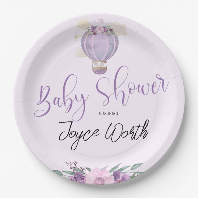 Purple hot air balloon elephant paper plate (Front)