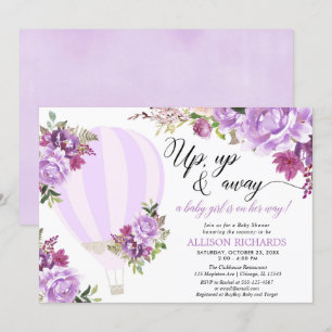 Purple hot air balloon floral girl baby shower invitation