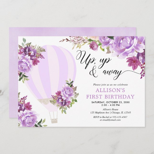 Purple hot air balloon floral girl birthday party invitation (Front/Back)
