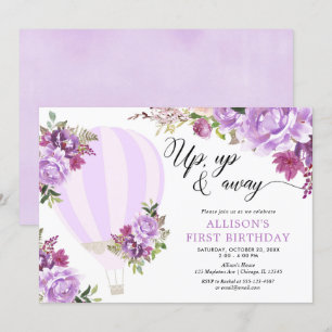 Purple hot air balloon floral girl birthday party invitation