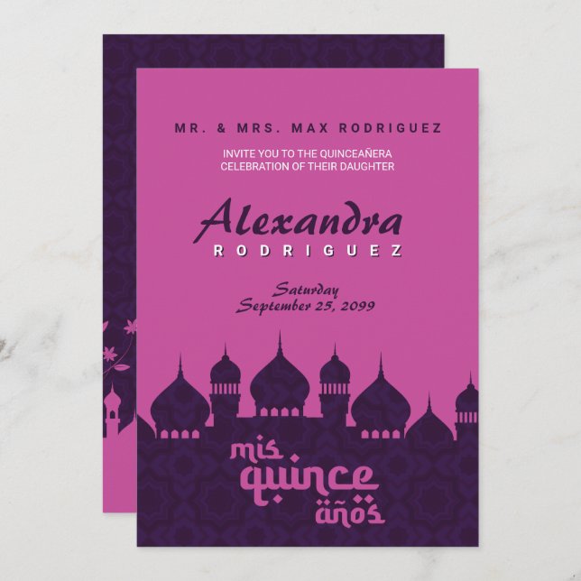 Purple & Hot Pink Arabian Nights Quinceañera Invitation (Front/Back)