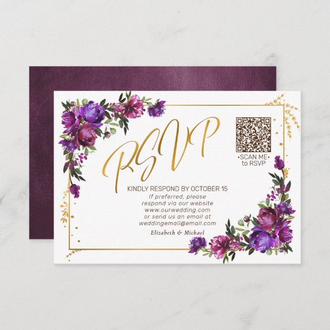 Purple Hot Pink Floral Gold Script QR Code RSVP (Front/Back)