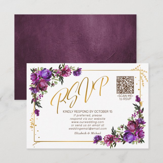 Purple Hot Pink Floral Gold Script QR Code RSVP Card (Front/Back)