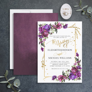 Purple Hot Pink Gold Watercolor Floral Script  Invitation