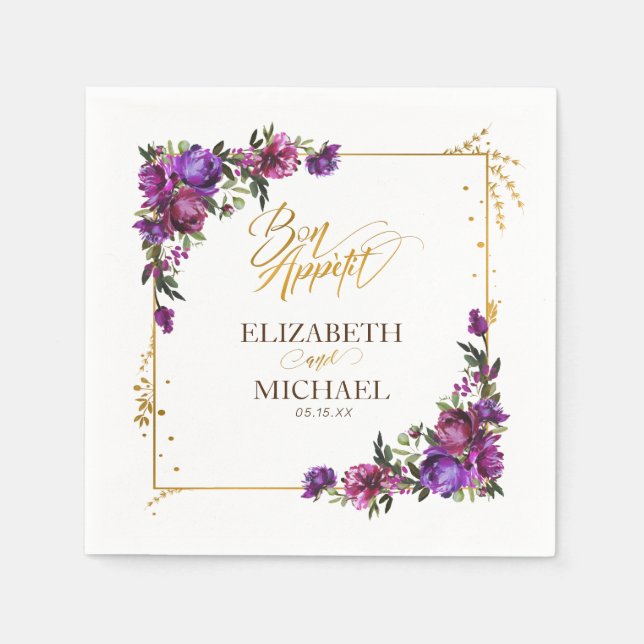 Purple Hot Pink Gold Watercolor Floral Wedding Napkin (Front)